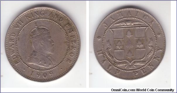 KM-22, 1909 Jamaica half penny; looks like aVF by wear.