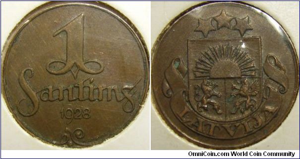 Latvia 1928 1 santims. Nice condition.