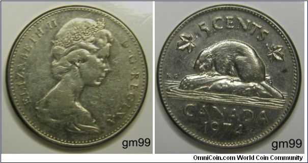 5 Cents (Nickel) : 1965-1978
Obverse; Crowned head of Queen Elizabeth II right,
ELIZABETH II D G REGINA
Reverse; Beaver left,
5 CENTS, CANADA, date