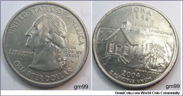 On December 28, 1846, Iowa became the 29th state to be admitted into the Union. The Iowa quarter design features a one-room schoolhouse with a teacher and students planting a tree, and the inscriptions Foundation in Education and Grant Wood.