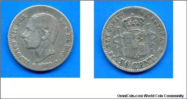 50 centavos.
King Alfonso XII (1874-1885).
(M) Madrid mint.


Ag835f. 2,5gr.