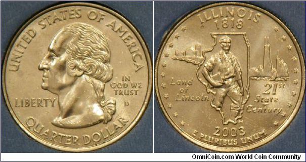 Illinois, 21st state.  depicting an outline of the state, a young Abraham Lincoln, Chicago skyline with Sears tower, and a farm. (ref. usmint.gov)
