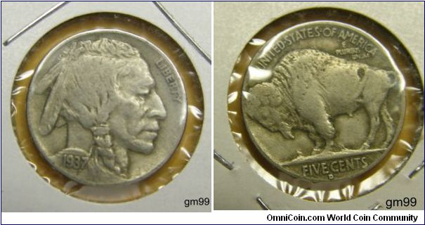 1937D,The Indian Head nickel, also known as the Buffalo nickel, was an American nickel five-cent piece.Fraser featured a profile of a Native American on the obverse of the coin, which was a composite portrait of three Native American chiefs: Iron Tail, Big Tree, and Two Moons. The buffalo portrayed on the reverse was an American Bison, possibly Black Diamond, from the Central Park Zoo.