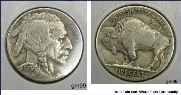 1936S, The Indian Head nickel, also known as the Buffalo nickel, was an American nickel five-cent piece.Fraser featured a profile of a Native American on the obverse of the coin, which was a composite portrait of three Native American chiefs: Iron Tail, Big Tree, and Two Moons. The buffalo portrayed on the reverse was an American Bison, possibly Black Diamond, from the Central Park Zoo.
