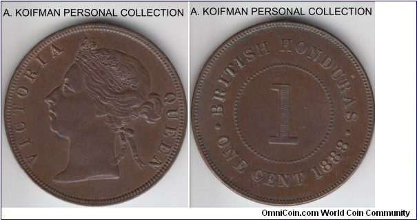 KM-6, 1888 British Honduras cent; bronze, plain edge; good extra fine to about uncirculated, dark brown.