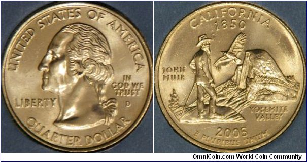 California, 31st state.  The USA's gradual statehood expansion suddenly takes a jump to the west coast with the admittance of California into the union well before most of the great planes and mountain states.  Coin depicts naturalist John Muir looking at his beloved Yosemite valley for which he was instrumental in becoming a national park.  Depicts Half Dome and a California condor.  (ref usmit.gov)