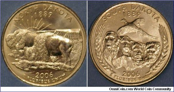 North & South Dakota, 39th & 40th states.  
North Dakota gives us two buffalo with the badlands in the background.
South Dakota shows Mount Rushmore, a pheasant and bordered by wheat heads.  (ref. usmint.gov)