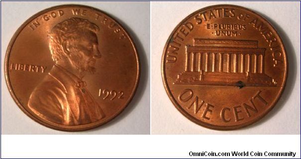 1992 Lincoln Cent (Reverse Die Cracks)