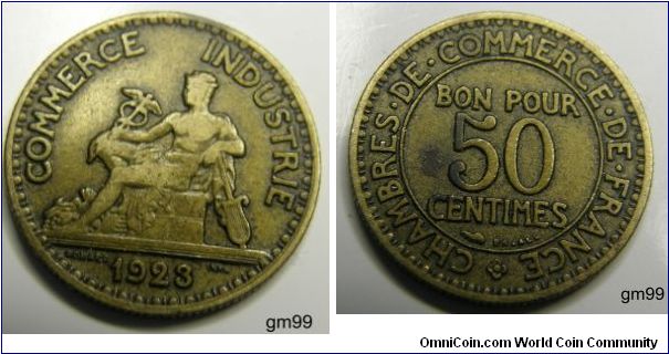 50 Centimes (Aluminum-Bronze) : 1921-1929
Obverse; Mercury with winged cap seated left holding caduceus,
COMMERCE INDUSTRIE date
Reverse; Value within inner circle, legend around,
CHAMBRES DE COMMERCE DE FRANCE BON POUR 50 CENTIMES