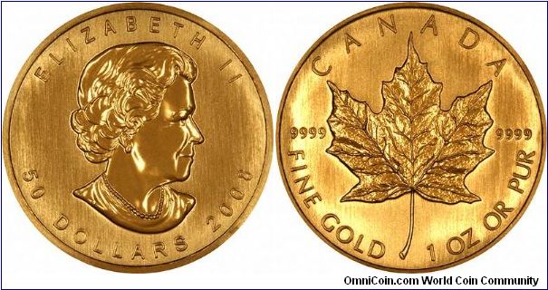 One ounce Canadian gold bullion maple leaf.