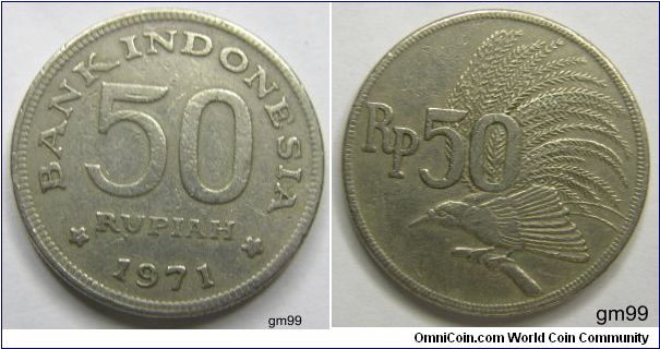50 Rupiah (Copper-Nickel) : 1971
Obverse; Legend and date around value in two lines, two stars either side of date,
BANK INDONESIA 50 RUPIAH date
Reverse; Bird with large plumed tail to right of value,
 RP 50