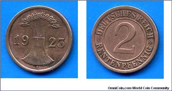 2 rentenpfennig.
Weimar's republic.
(A) Berlin mint.


Br.