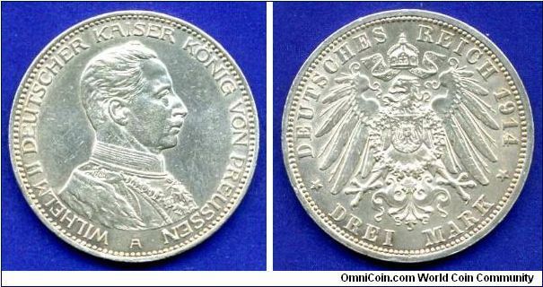 3 Mark.
Prussia.
Wilhelm II German emperor.

Ag900f. 16,66gr.