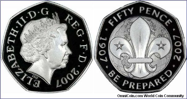 Silver proof version of the 2007 Scouting Centenary fifty pence coin.