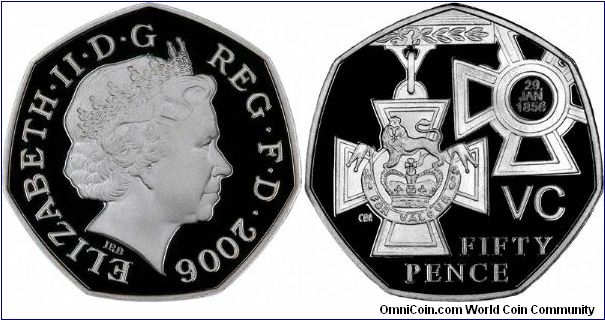 'The Award', one of two fifty pence designs issued in 2006 to commemorate the 150th anniversary of the first Victoria Cross (VC) in 1856. This is the silver proof version.