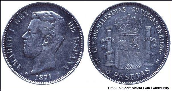 Spain, 5 pesetas, 1971, Ni, replica, Amadeo I Rex de Espana.                                                                                                                                                                                                                                                                                                                                                                                                                                                        
