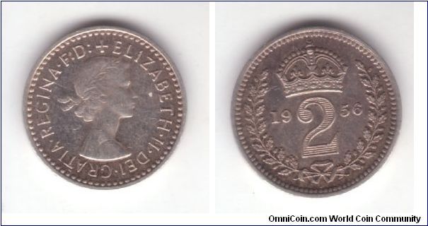 KM-899, 1956 Great Britain maundy two pence; unfortunately someone tried to tidy up a coin that fell into circulation or was just mishandled and cleaned it up;