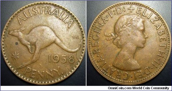 Australia 1958 1 penny. Interesting die crack.