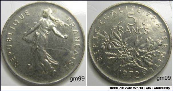 5 Francs (Nickel-Clad Copper-Nickel) : 1970-2001
Obverse; Liberty walking left, sun with rays on right in background,
REPUBLIQUE FRANCAISE
Reverse; Leaves and plants below value,
LIBERTE EGALITE FRATERNITE 5 FRANCS date
