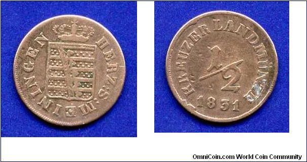 1/2 kreuzer.
Sachsen-Meiningen.
Reinhard II (1821-1866).
Mintage 314,000 units.


Cu.