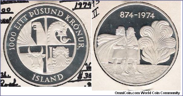 1000 Kronur.  Commemoration of the 1100th Anniversary of the Settlement of Iceland.