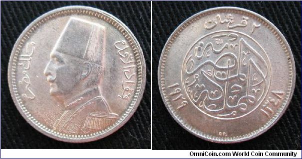 Egypt (Kingdom), 2 piastres, AR, King Fu'ad I, minted at Budapest (BP)