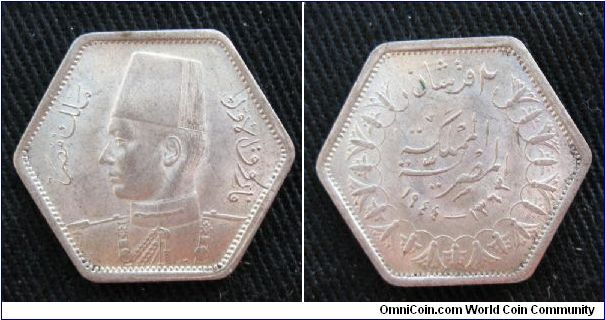 Egypt (Kingdom) 2 piastres, AR, King Farouk, hexagonal