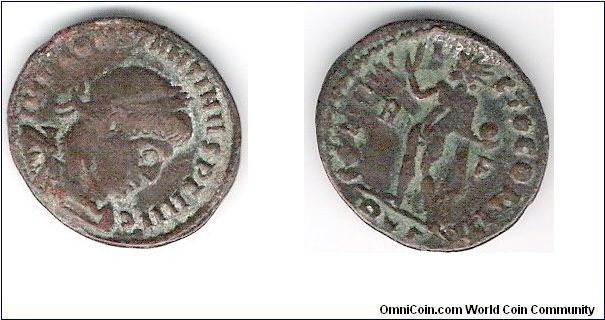 Constantine I AE3 Sol Invicto - Roman Constantine I the Great AD 306-337 AE3 Sol, the unconquered sun, accompanies us. Obv: IMP CONSTANTINVS P F AVG - Laureate bust right, draped and cuirassed. Rev: SOLI INV-I-CTO COMITI - Sol standing left, holding right hand high in salute and globe. Exe: R * F Rome mint: AD 314-315 = RIC VII, 27, page 299 - British Museum. 3.01 g