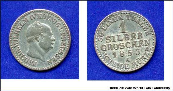 1 silber groschen.
Prussia.
Friedrih Wilhelm VI (1840-1861).
'A'- Berlin mint.


Ag222f. 2,19gr.
