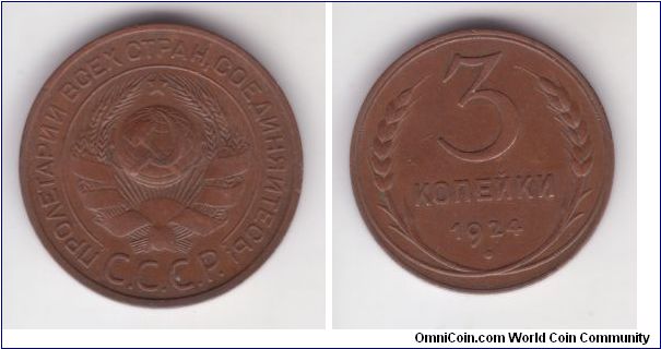 KM-Y#78, 1924 Soviet Russia 3 kopeks; plain edge in good very fine on reverse and about extra fine on onverse, but maybe I am wrong, don't have much experience in grading Russian coins.