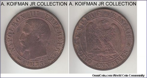 KM-777.2, 1855 France (Second Empire) 5 centimes, Rouen mint (B mint mark); bronze, plain edge; BARRE's dog's head privy mint mark, red brown but mostly brown uncirculated or almost.