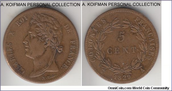 KM-10.1, 1829 French Colonies 5 centimes, Paris mint; bronze, slant reeded edge; smallest mintage of the type, slightly better grade at about very fine.