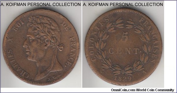 KM-10.1, 1829 French Colonies 5 centimes, Paris mint; bronze, slant reeded edge; smallest mintage of the type, fine or about.