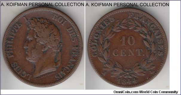 KM-13, 1844 French Colonies 10 centimes, Paris mint; colonial issue by Louis Philippe, last and scarcest year of the type with mintage of 100,000 only, good fine to very fine, grimy, but pleasant problem free rims on this thick coin.