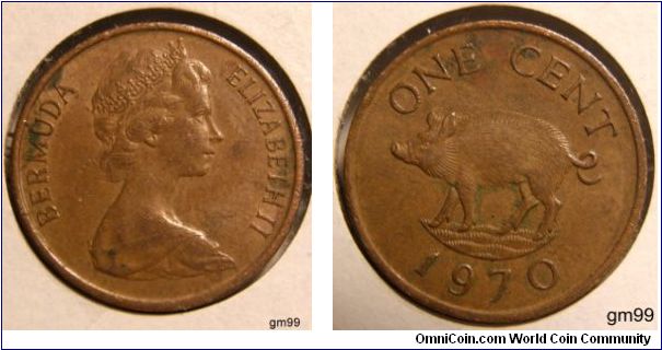 Queen Elizabeth II, Bermuda, ONE CENT, Pig and date 1970