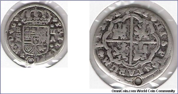 2 Reales, Phillip V, Spanish Silver Cob.  Madrid Mint. Coin is a cast counterfeit, possibly contemporary.