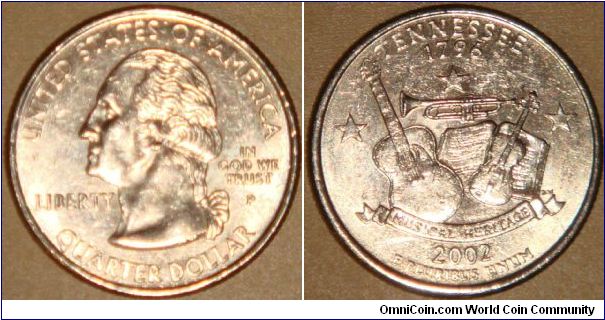 USA, quarter dollar, 2002 Statehood Quarters - Tennessee P