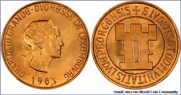 Centenary - 100 Years of Luxembourg with portrait of Grand Duchess Charlotte, and retro lettering. Gold 20 francs.