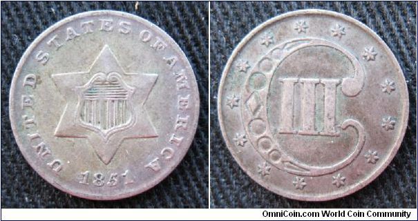 3 cent silver, Type 1, 90% Ag, Philadelphia mint