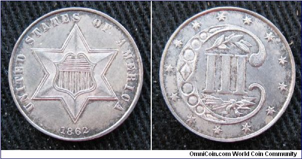 3 cent silver, Type 3, 90% Ag, Philadelphia mint