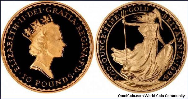 Ten pound face value, and one tenth of an ounce fine gold content, proof Britannia. Comparison with the larger sizes shows a lesser amount of detail.