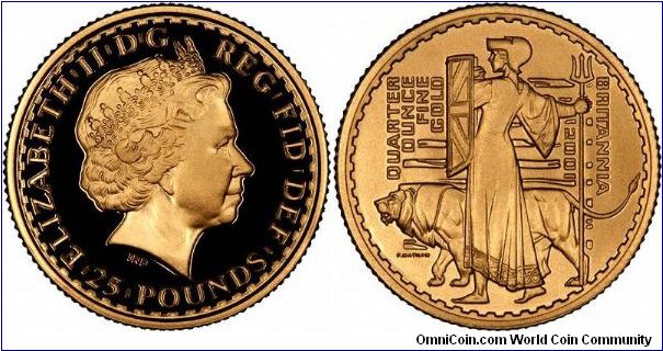 Matt finish on the reverse of quarter ounce proof gold Britannia from 2001.