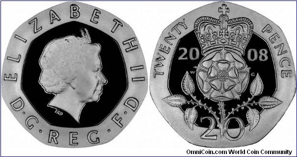 Silver proof twenty pence, from the 'Emblems of Britain' proof set, issued as these designs will change later this year.