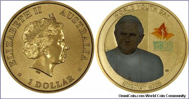 Pope Benedict XVI appears on this aluminium bronze coloured $1 coin to commemorate World Youth Day 2008 and the Pope's forthcoming visit to Sydney in July this year.