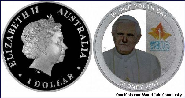 Silver Proof $1 coin to commemorate the visit by Pope Benedict XVI to Australia to coincide with World Youth Day 2008, to be held in Sydney. Issued separately, and also as part of a 2-coin set with the base metal coin, for 2008 World Money Fair in Berlin.