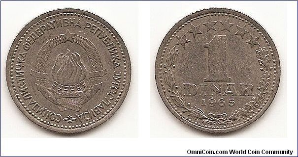 1 Dinar -Socialist Federal Republic-
KM#47
Copper-Nickel, 21.8 mm. Obv: State emblem Rev: Denomination and date within wreath, six stars above Edge: Milled