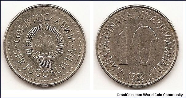 10 Dinara - Socialist Federal Republic - 
KM#89
5.2000 g., Copper-Nickel, 23 mm. Obv: State emblem Rev: Text surrounds denomination Edge: Milled