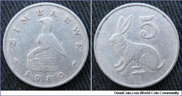 5 cents, obverse Zimbabwe Bird, reverse red rock rabbit