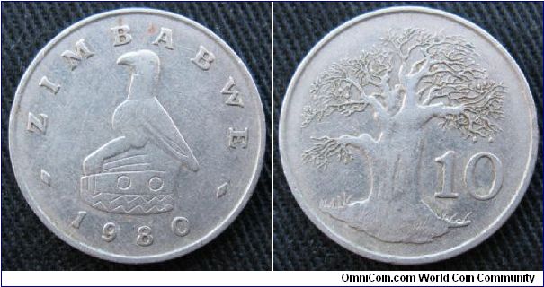 10 cents.  Obverse Zimbabwe Bird, reverse baobab tree.