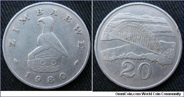 20 cents.  Obverse Zimbabwe Bird, reverse Birchenough Bridge spanning the Save River (built 1935).